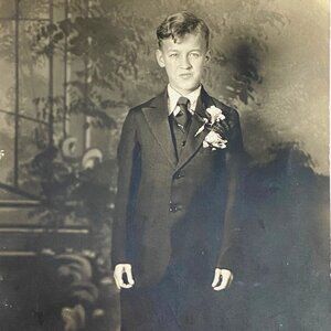 RPPC c1930s Young Boy Suit Tie Argyle Gel Silver AZO Divided Back Postcard